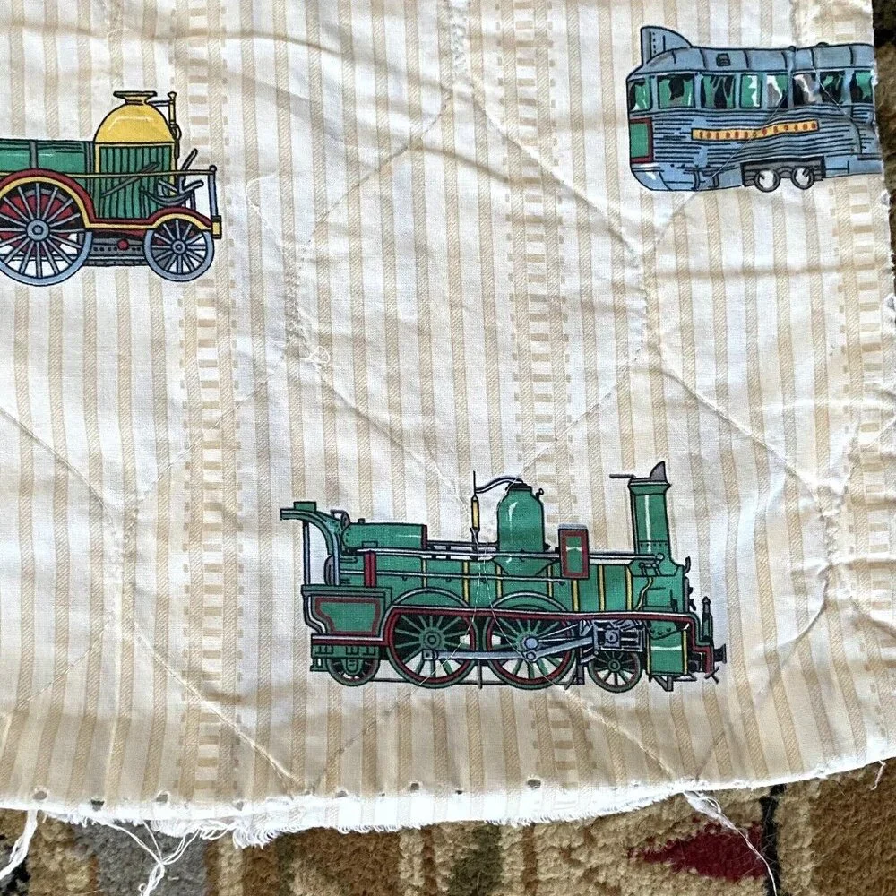Vintage train locomotive quilt handmade striped tracks transportation kids 88x66